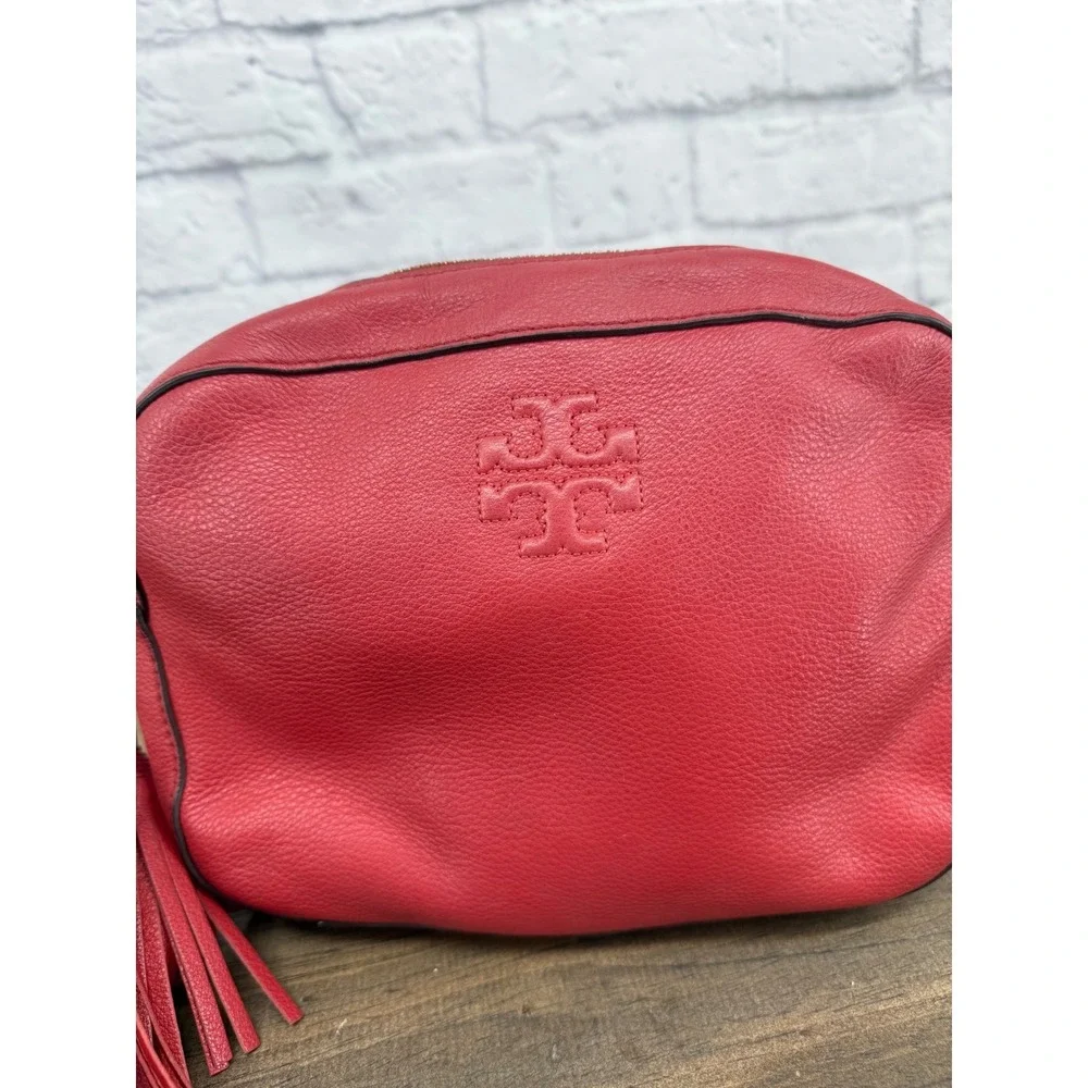 Tory Burch Thea Camera Bag Burgundy Red Pebbled‎ Leather Crossbody Tassel Purse